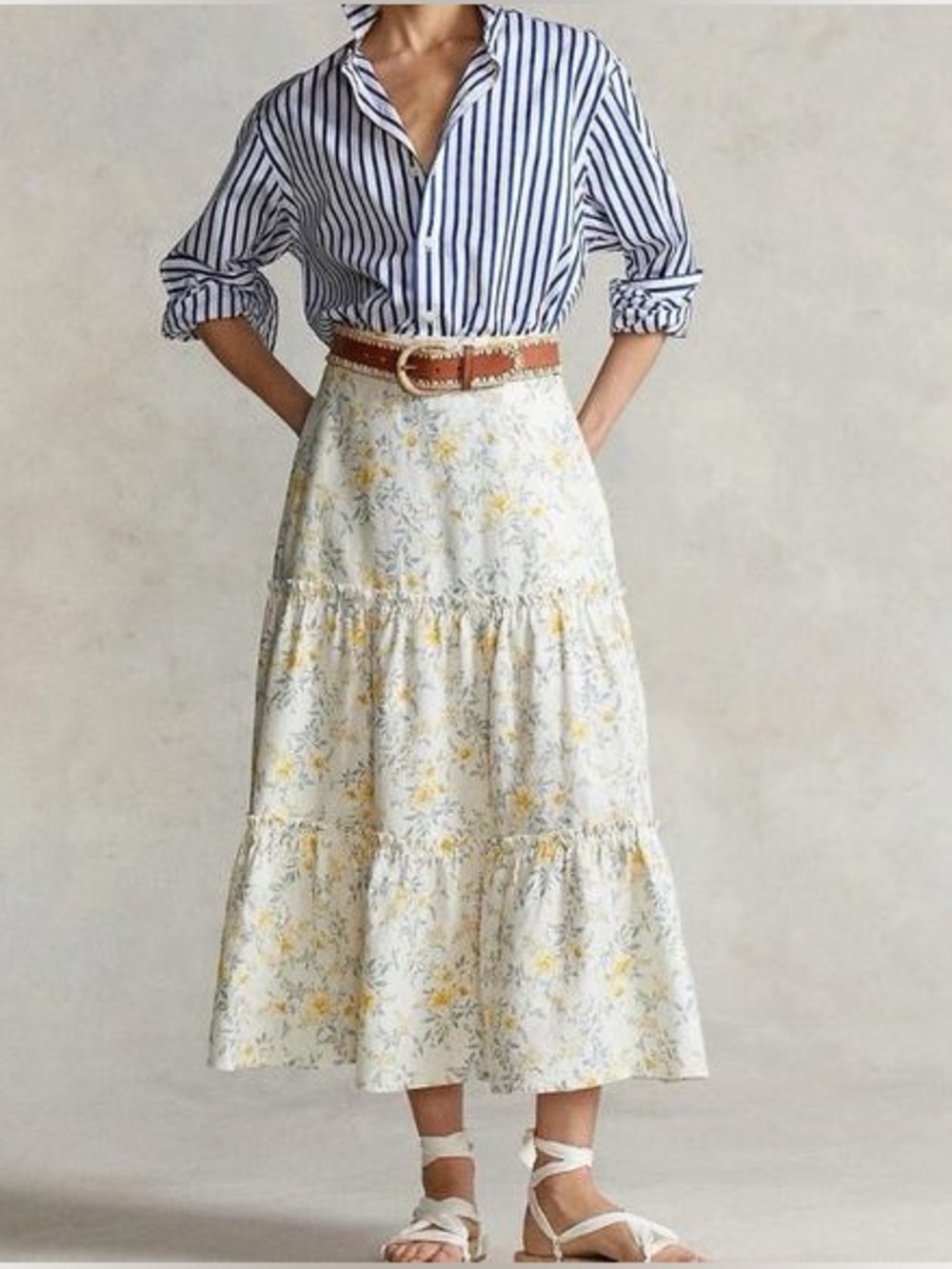 Polo Ralph Lauren Floral Two-Tiered Linen Midi Skirt in Yellow Vine, Size 4